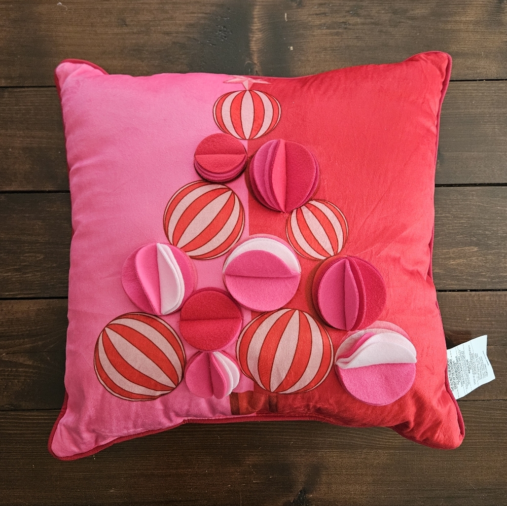 Ashland Christmas Berry Jolly Pillow 18 x 18in Red & Pink Pom Pom Ornament Tree